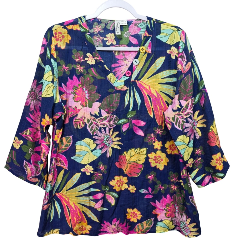 Ethyl Clothing Womens Navy Blue Tropical Floral Vneck 3 Qtr Sleeve Blouse M